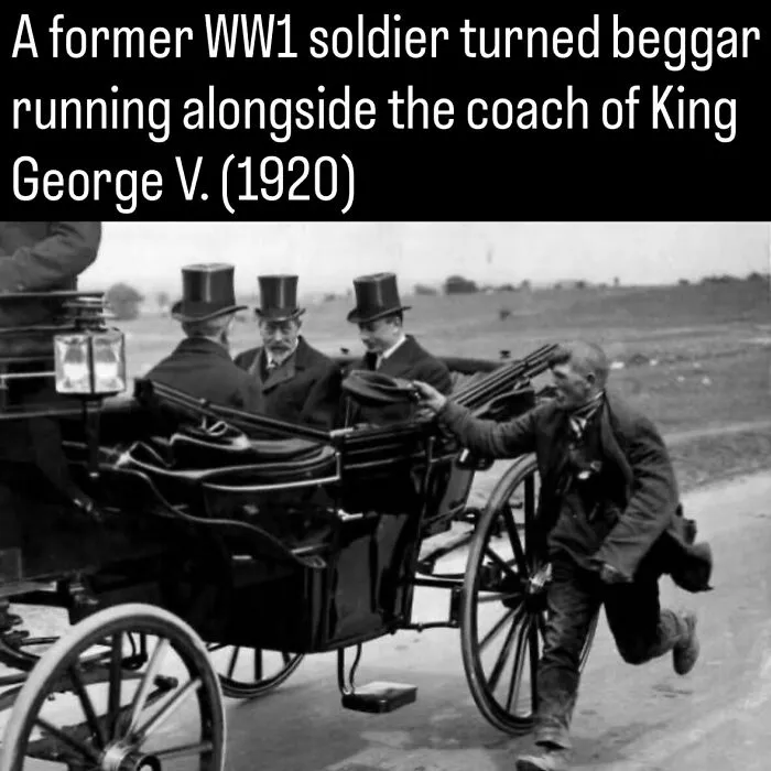 A former WW1 soldier turned beggar runs alongside King George V carriage in 1920, among photos about history.