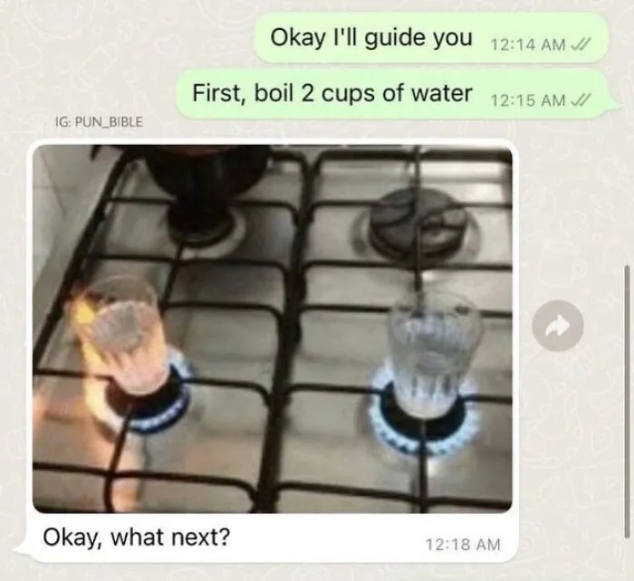 Funny WhatsApp meme with two glasses of water boiling on a stove flame