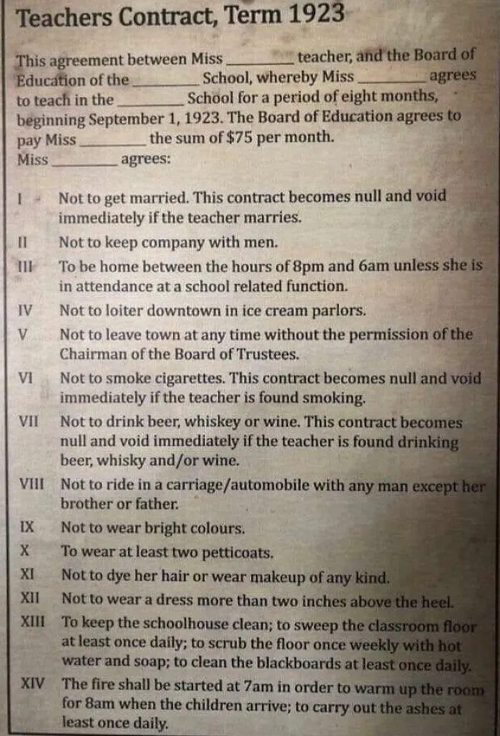 1923 teacher contract listing strict rules and conditions for female teachers
