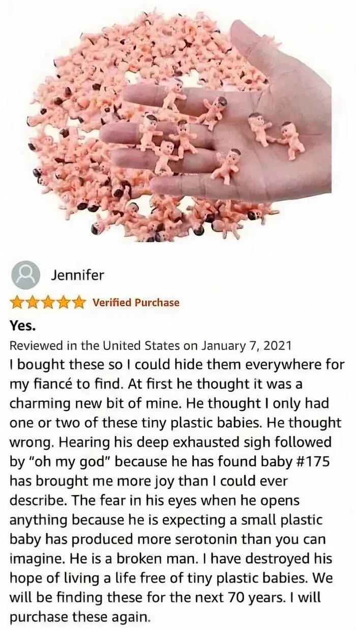 Entertaining Amazon review of tiny plastic babies used as a prank to surprise a fiancé
