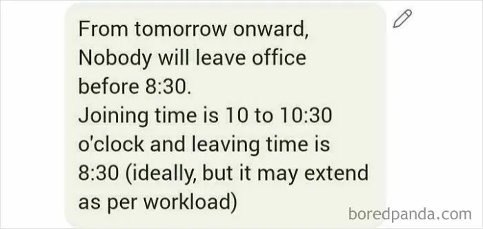 Text message about restrictive and confusing office work hours
