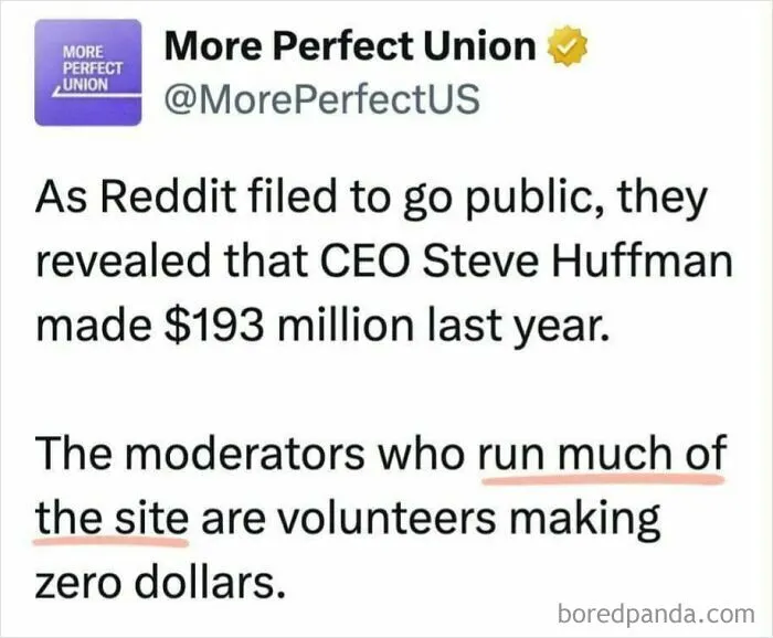 Tweet highlighting Reddit CEO's $193 million salary compared to unpaid volunteer moderators