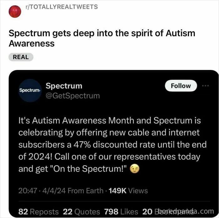 Tweet mocking Spectrum's Autism Awareness discounted offer with insensitive wording