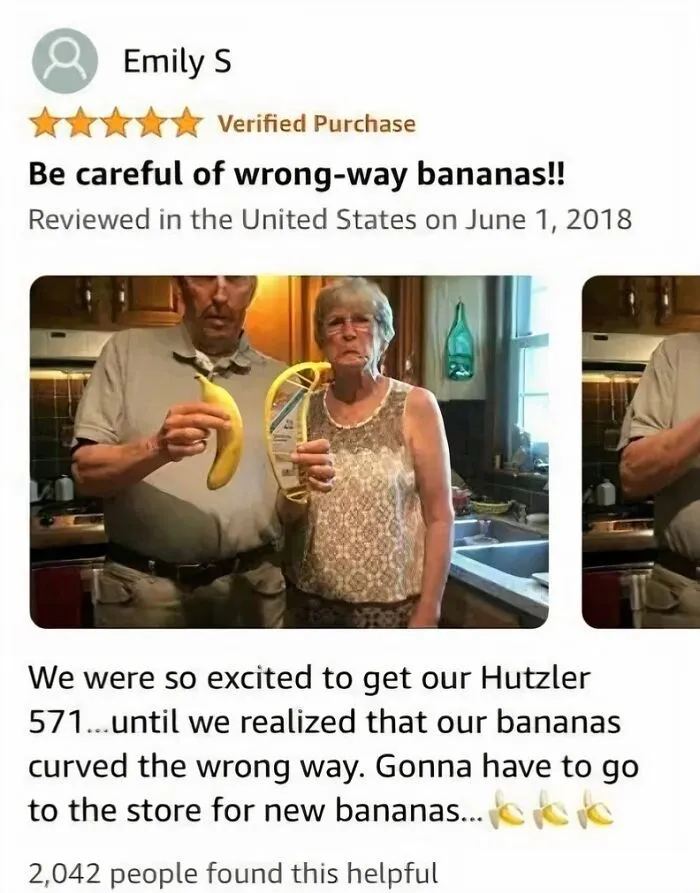 Hilarious Amazon review warning about wrong-way curved bananas with a photo of confused buyers