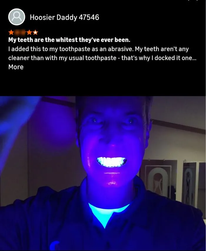 Funny Amazon review about teeth whitening with blue light photo