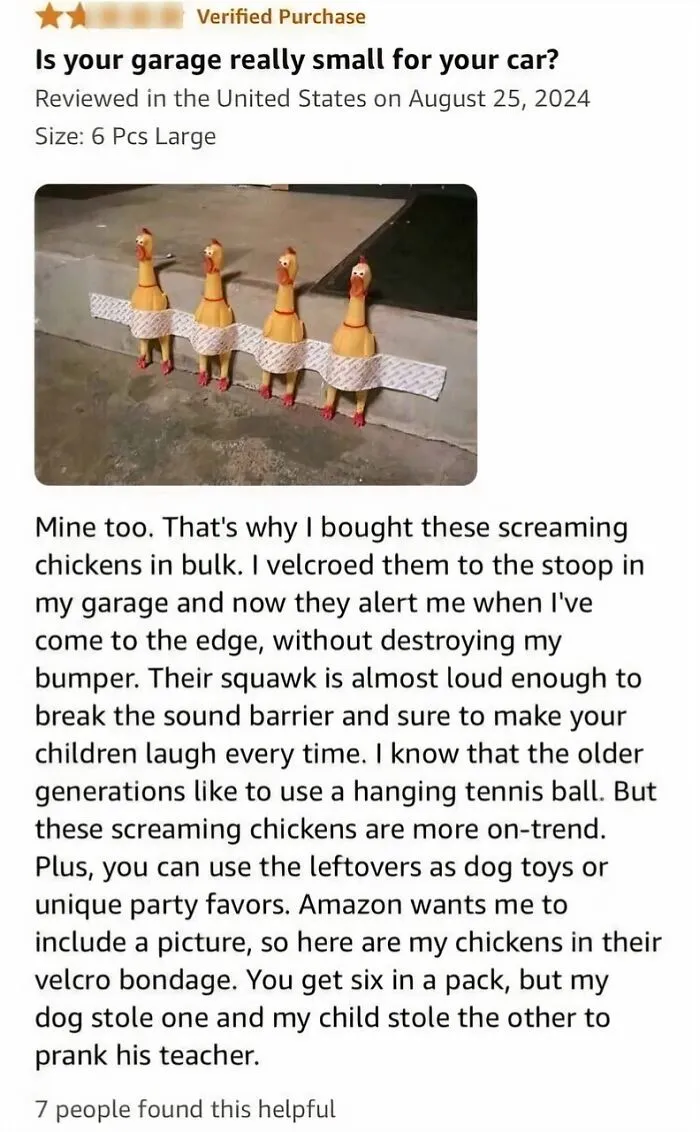 Amazon review of screaming chicken toys used as garage parking alerts with Velcro attachments