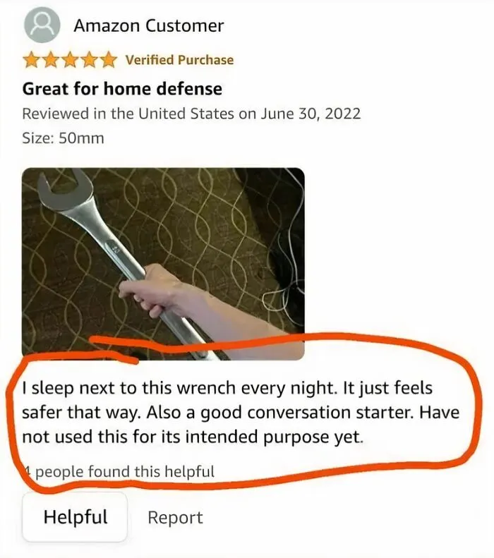 Humorous review calling a wrench great for home defense and conversation