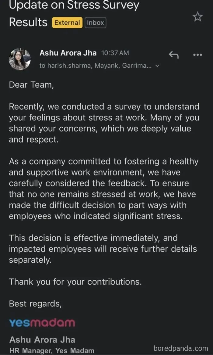 Email detailing stressful work survey results and company layoffs at Yes Madam