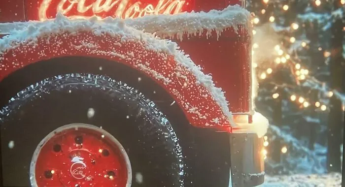 Snow-covered red Coca-Cola truck tire in winter scene
