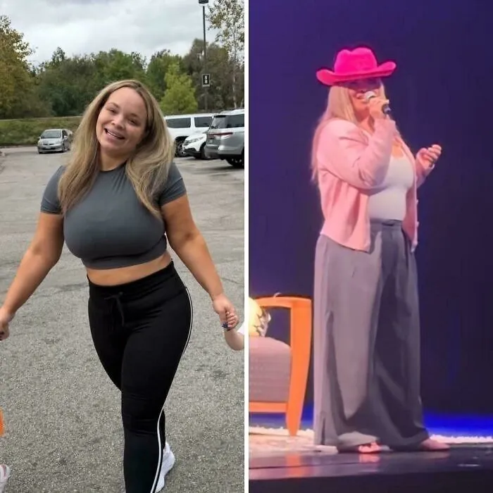 Woman in casual and stage outfits, showcasing influencer style changes