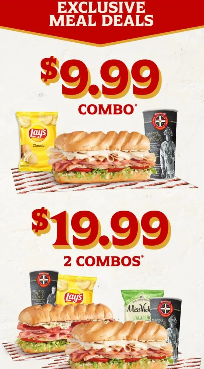Exclusive meal deals for subs sandwich combos with chips and drinks priced $9.99 and $19.99