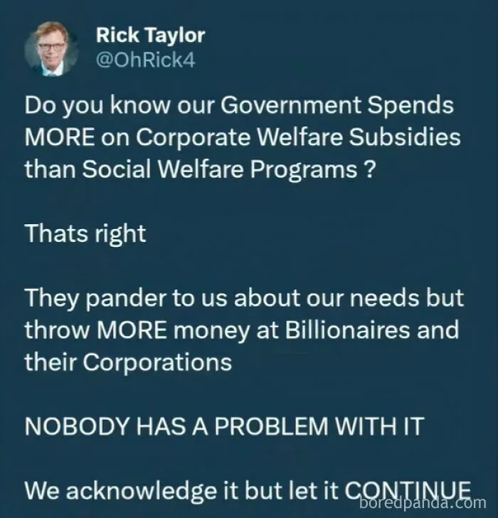 Tweet criticizing government spending more on corporate welfare subsidies