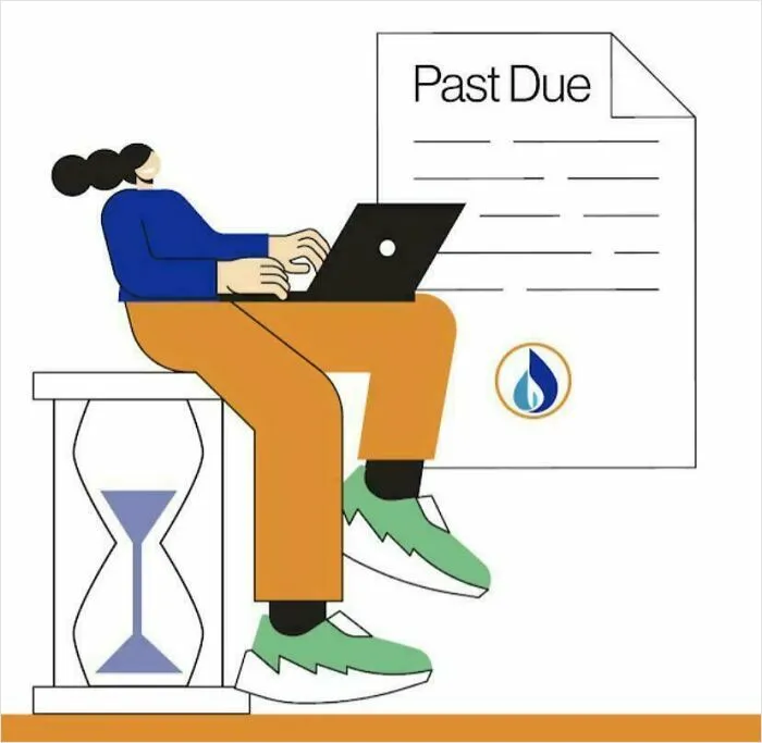 Illustration of person using laptop with a past due bill and hourglass symbol