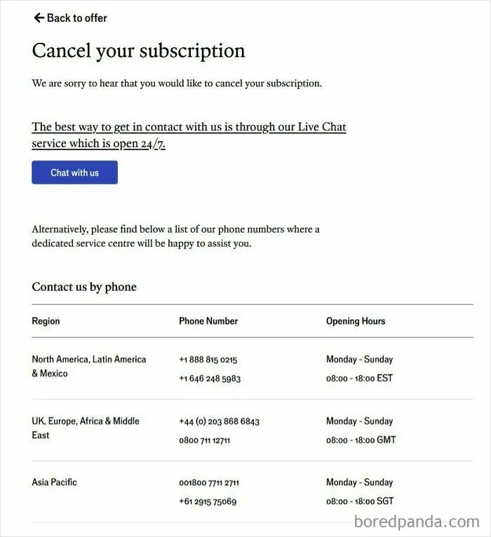 Subscription cancellation page with contact phone numbers and live chat for customer service