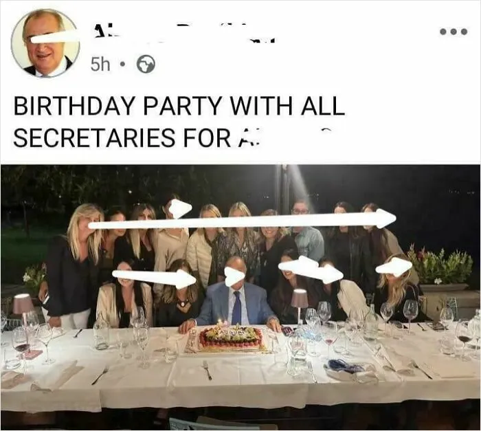 Birthday party photo with all secretaries highlights corporate failure humor
