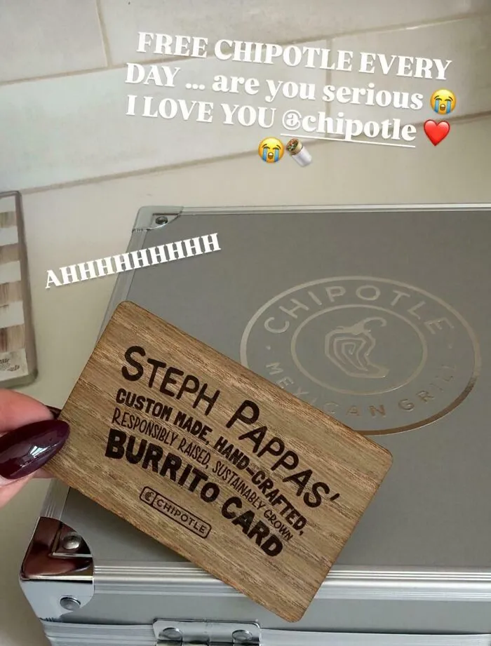 Chipotle burrito card with excitement caption about free Chipotle every day
