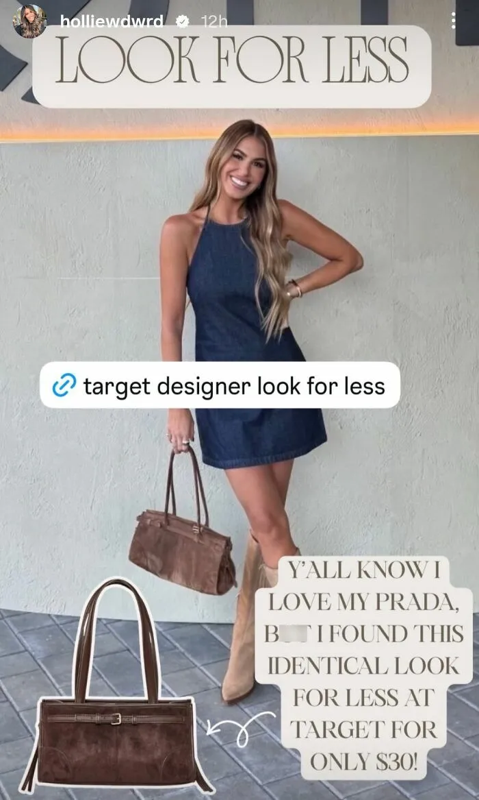 Influencer models affordable designer look with Target handbag