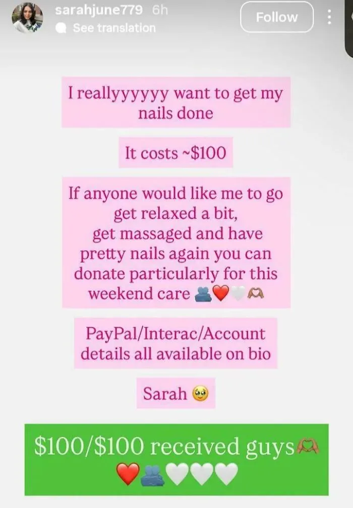 Fundraiser post for nails done costing 100 dollars from online group calling out cringey influencers