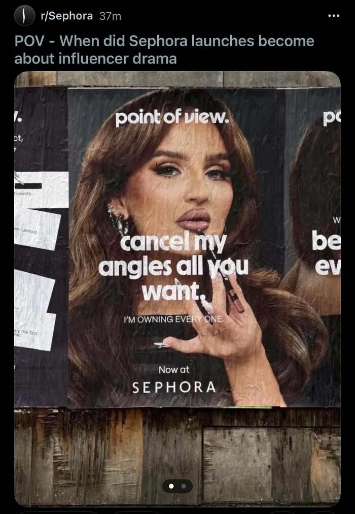Poster of woman makeup influencer with Sephora branding and influencer drama caption