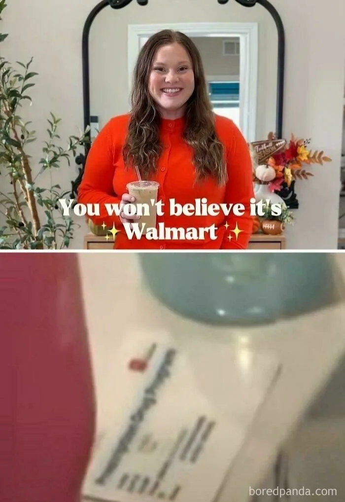 Woman holding drink with Walmart product label visible, highlighting influencer cringe