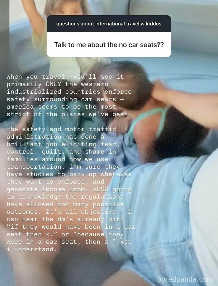 Text overlay about car seat safety regulations with blurred background image