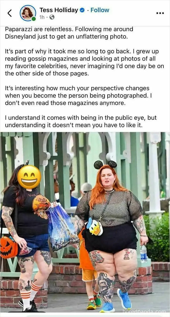 Social media post by influencer about paparazzi in Disneyland with photo