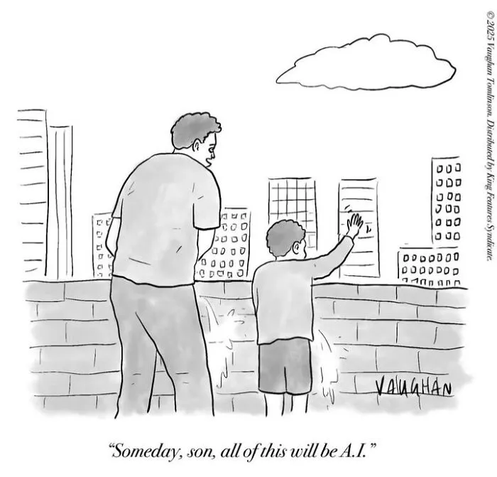 Cartoon of father and son urinating on city wall with future AI joke for comedy comics