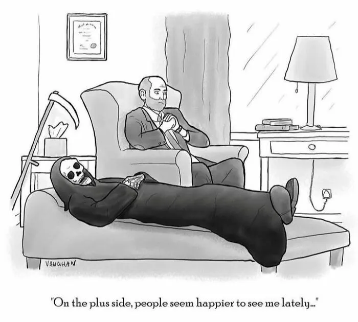 Cartoon of grim reaper on therapy couch with therapist in comedy comics