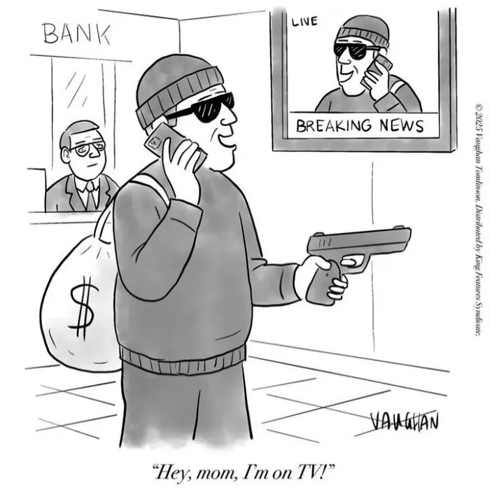 Comic of a robber excitedly telling mom he's on TV in comedy style