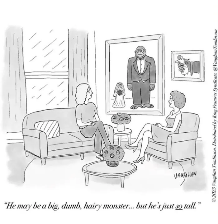 Comedy comic of two women discussing a tall, hairy monster portrait