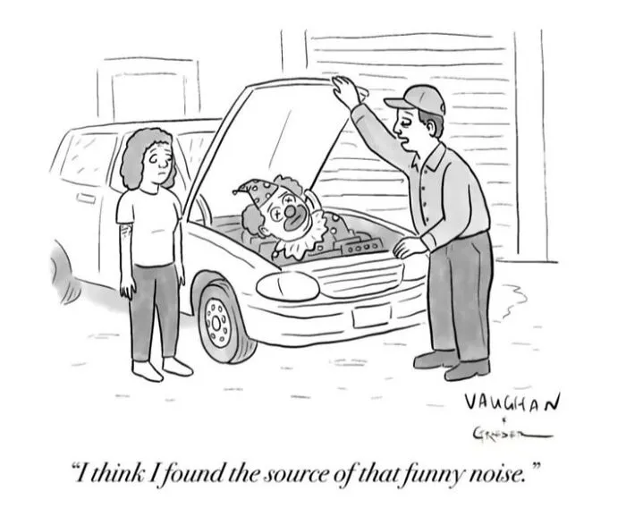 Cartoon showing a clown under car hood as source of funny noise comedy