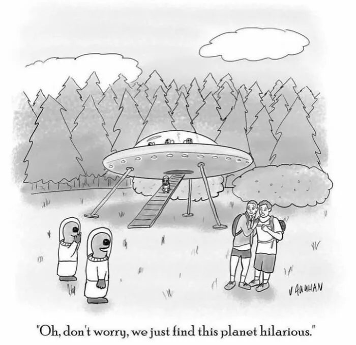 Aliens laughing at humans next to a spaceship in a comedy comic