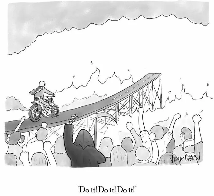 Crowd cheering as biker rides across a burning bridge in comic style