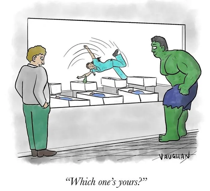 Comic showing Hulk and others observing miniature person in boxes asking which is theirs