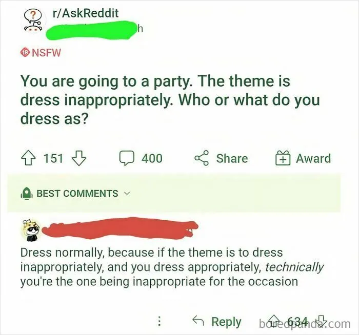Reddit post about dressing inappropriately with a witty comment on being technically inappropriate