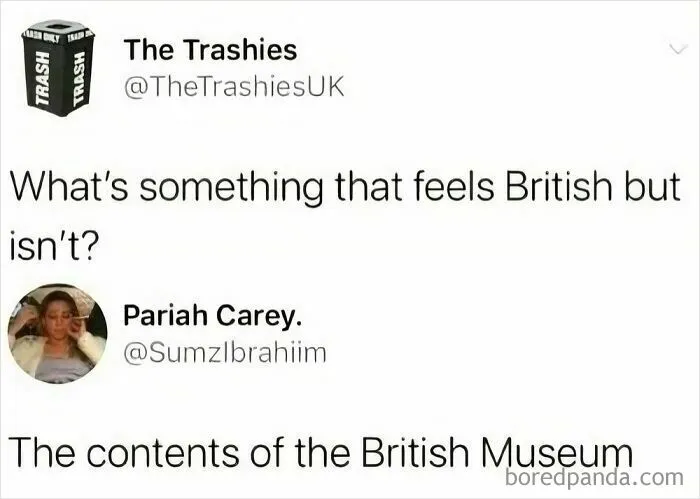 A tweet joking about British Museum contents not feeling British