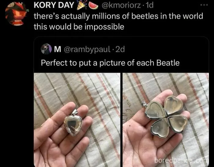Funny meme about putting pictures of each Beatles in a beetle locket