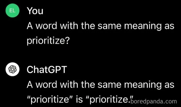 ChatGPT reply giving a synonym for prioritize in a chat conversation