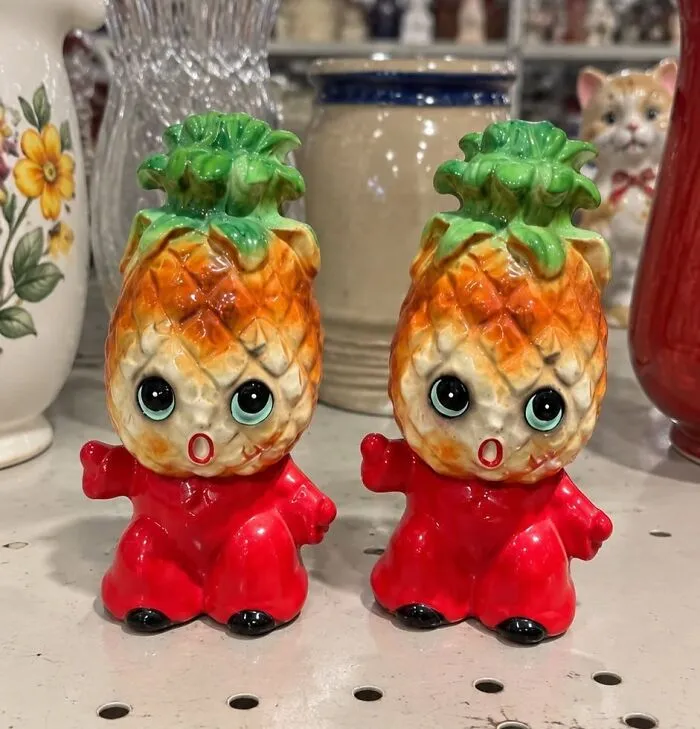 Pair of retro pineapple head salt and pepper shakers thrift store finds