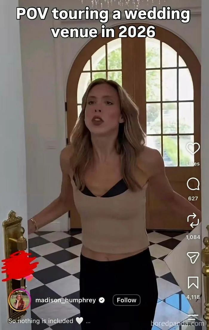 Woman touring a wedding venue indoors, humor about wedding planning