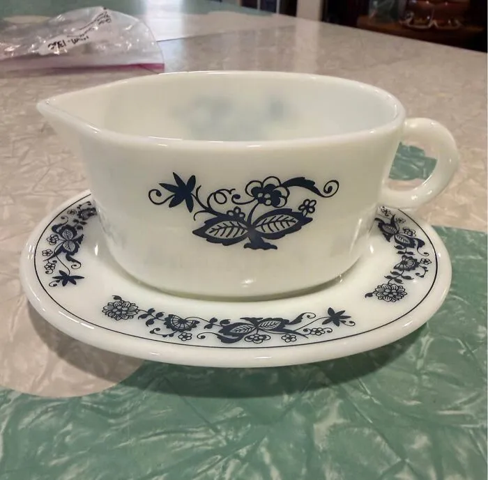 White and blue floral vintage gravy boat and saucer thrift store find