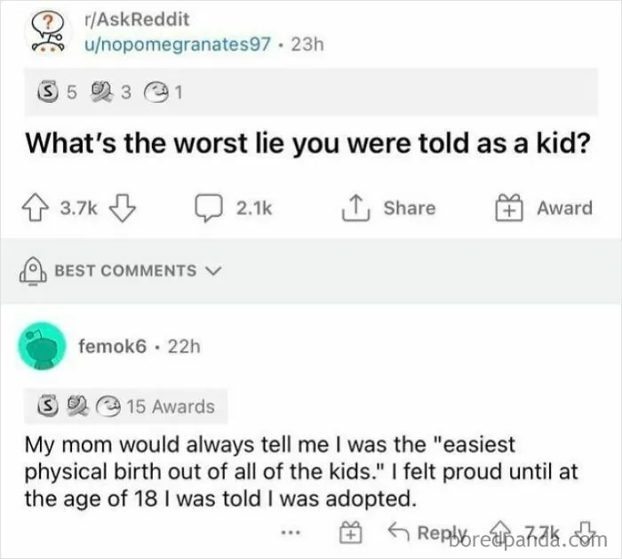 Reddit post about worst lie told as a kid involving adoption story