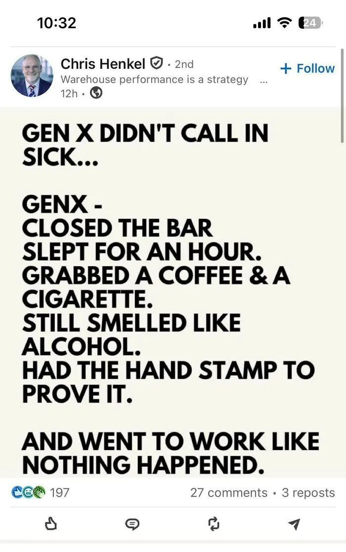 Gen X LinkedIn post joking about going to work after partying