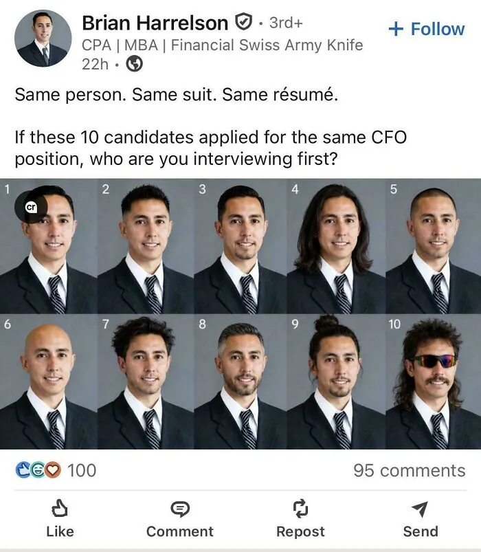 LinkedIn post comparing ten identical CFO candidates in same suit