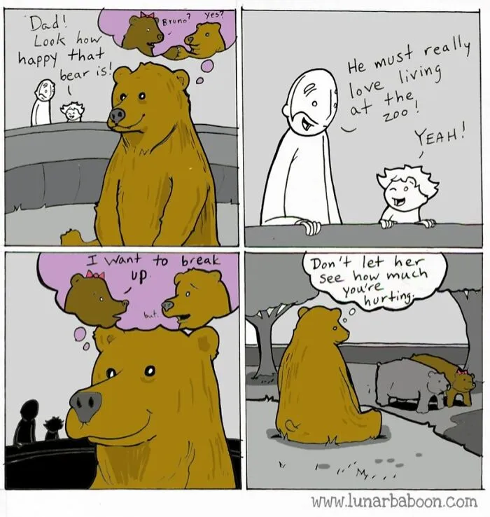 Comic about a happy bear hiding pain for love, illustrating emotional strength
