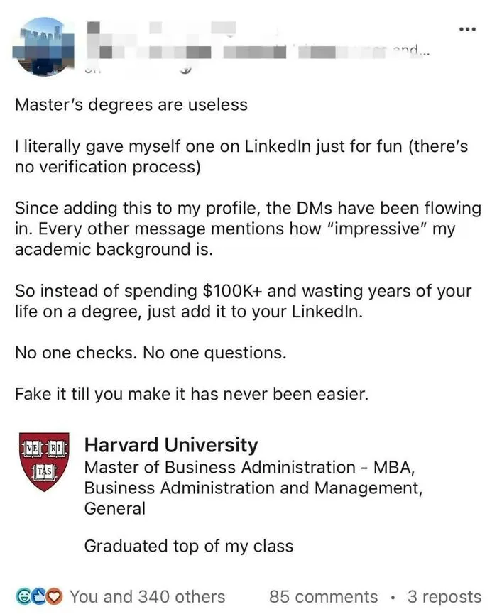 Controversial LinkedIn post about faking a Harvard MBA degree