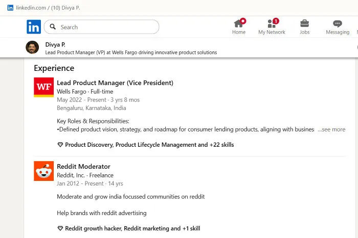 LinkedIn profile showing product manager experience and Reddit moderator role