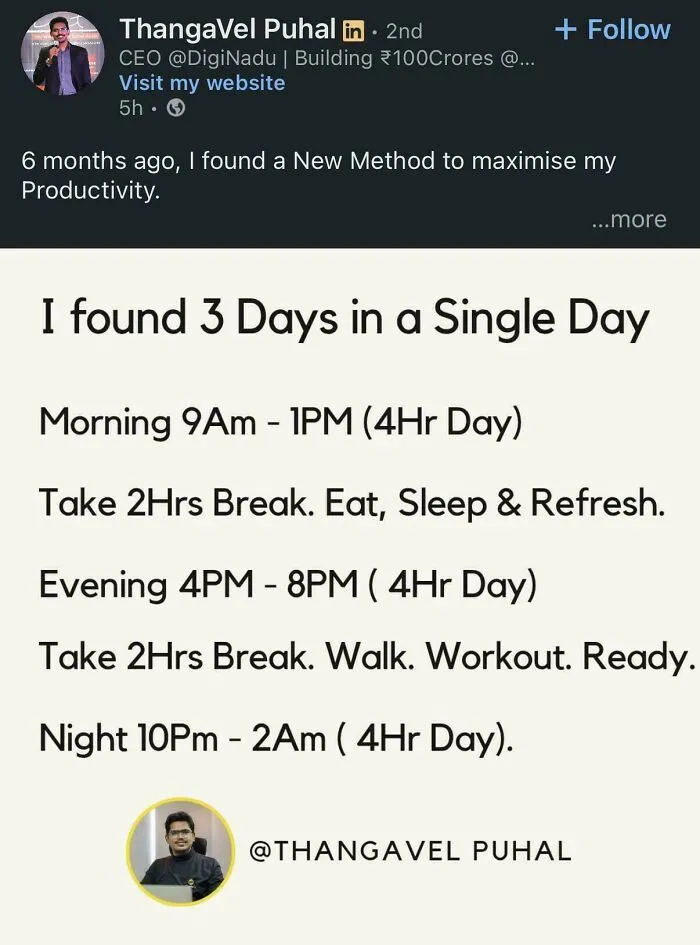 LinkedIn post describing a productivity method splitting day into three focused work sessions