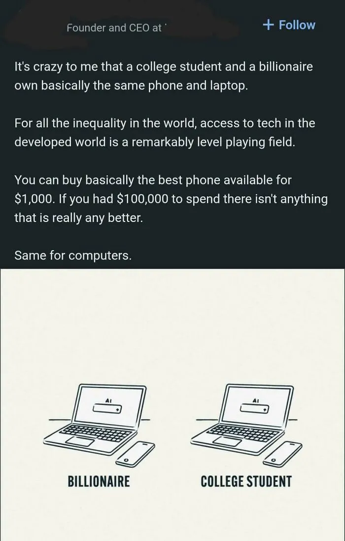 LinkedIn post comparing billionaire and college student tech ownership with laptops and phones