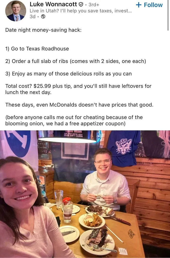 LinkedIn post sharing a money-saving date night hack at Texas Roadhouse with dining photo